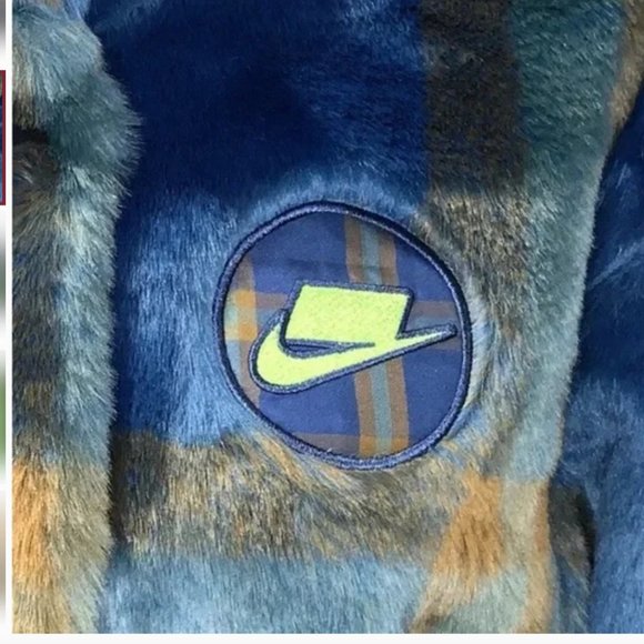 Nike Faux Fur Plaid Jacket Blue Green oversized Sportswear streetwear - Picture 9 of 11